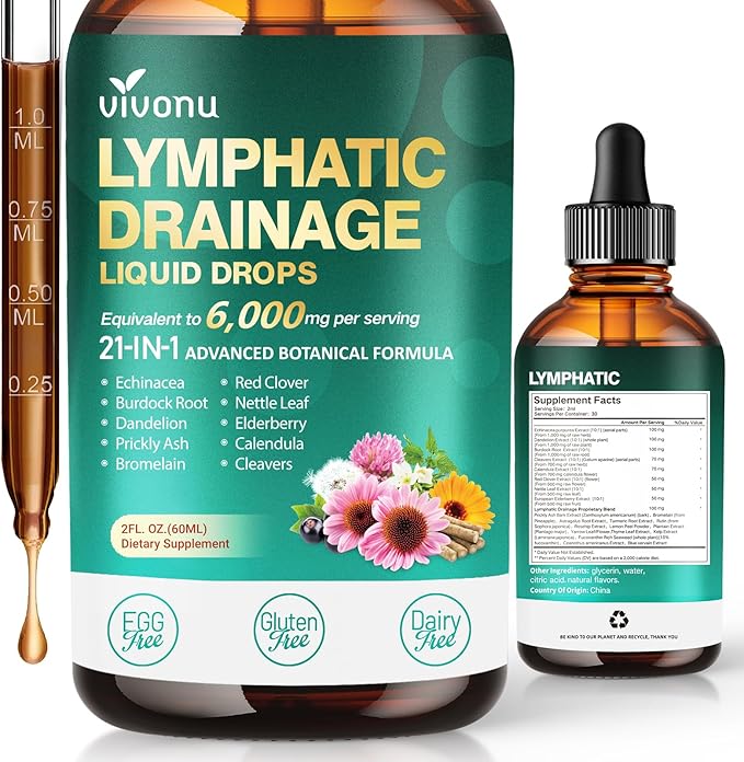 21-in-1 Lymphatic Drainage Drops for Liposomal, Immune & Lymph System Support Supplement for Women & Men with Echinacea, Dandelion, Burdock, Bromelain, Calendula, Turmeric & More, 2 FL OZ