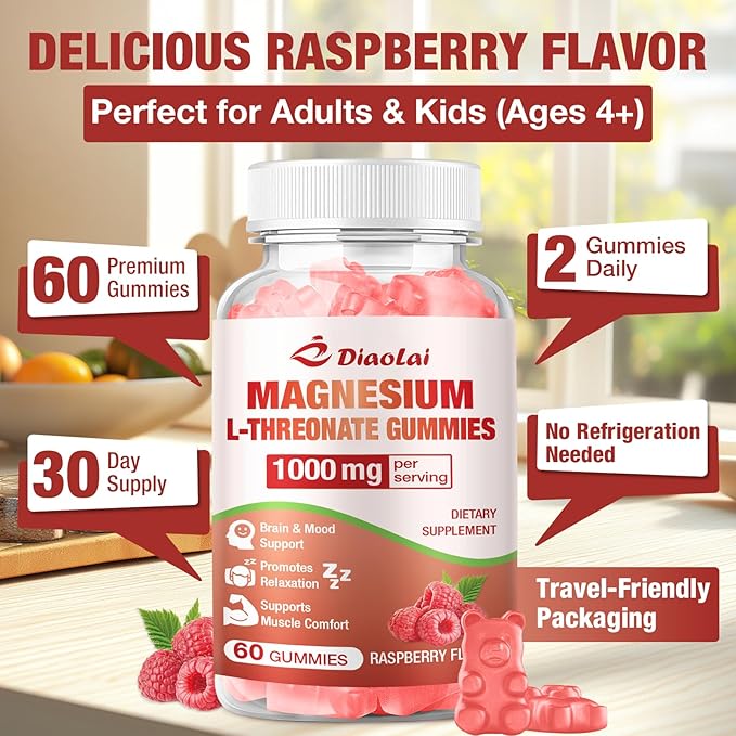 Magnesium L-Threonate Gummies 1000mg - Brain Supplement for Memory & Focus for Adults & Kids - Sugar-Free, Non-GMO, Raspberry Flavor - 60 Count