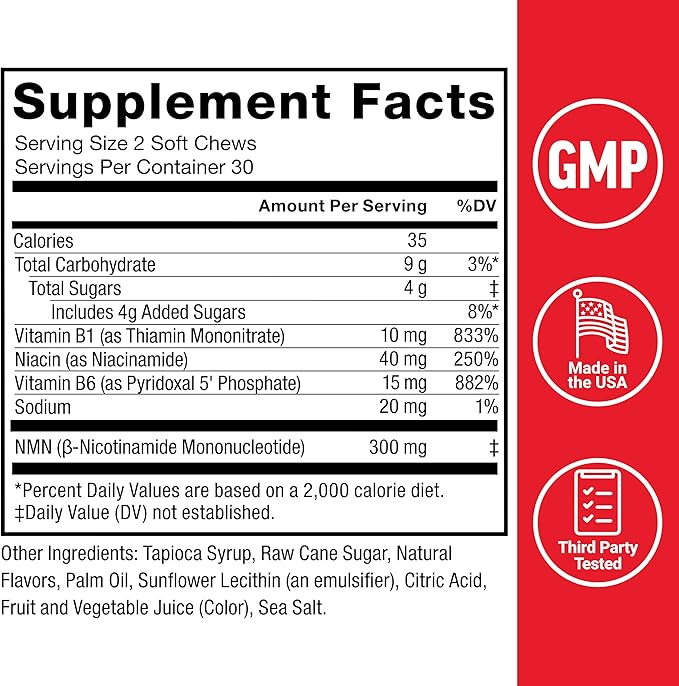 Force Factor NMN Longevity & Anti-Aging, Nicotinamide Mononucleotide, NAD+, Support Cellular Health, Cellular Repair, Energy Metabolism, Strawberry, 60 Soft Chews