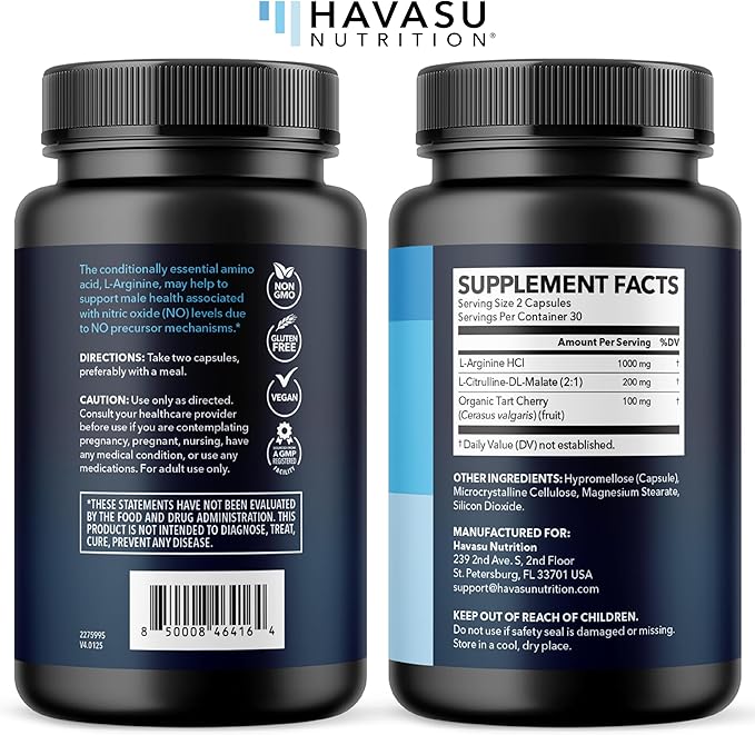 L-Arginine Capsules with L-Citrulline - Nitric Oxide Supplement - L Arginine and L Citrulline Blend - 60 Count - Vegan, Non-GMO Capsules for Performance, Endurance and Muscle Support - 1 Month Supply
