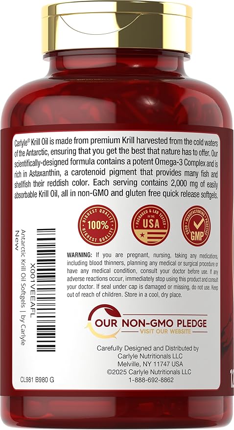 Carlyle Antarctic Krill Oil 2000mg | 120 Softgels | Omega-3 EPA, DHA, with Astaxanthin Supplement Sourced from Red Krill | Maximum Strength | Laboratory Tested