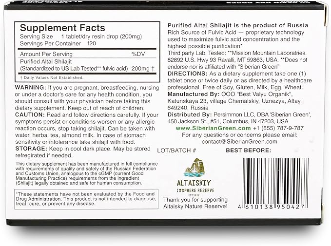 Siberian Green Premium Pure Shilajit Dry Drops Altai Golden Mountains - 120 Count (200 mg) Authentic Safety & Quality Certificate - US Lab Tested Fulvic Acid