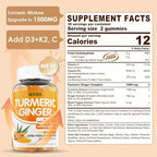 Turmeric and Ginger Gummies Supplement 1500mg w/Vitamin D3 5000 IU, K2 (MK7) & Black Pepper, Sugar Free Vegan Ginger and Turmeric Curcumin Supplements Gummy for Bone, Immune & Digestive Health, 120ct