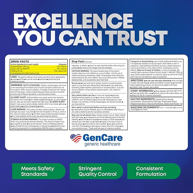 GenCare - Headache Relief Acetaminophen with Aspirin (NSAID) & Caffeine (300 Caplets) Value Pack | Head Pain, Muscle Aches, Back Pain & Body | Generic ExcedrEn Extra Strength