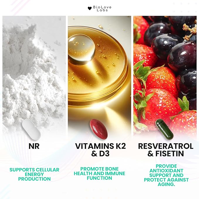 NAD 3 in 1 Booster: Nicotinamide Riboside (NR), Fisetin, Resveratrol, K2 & D3 | Supports Healthy Aging of Brain, Body, Muscle | 300mg NR | (90 Capsules)