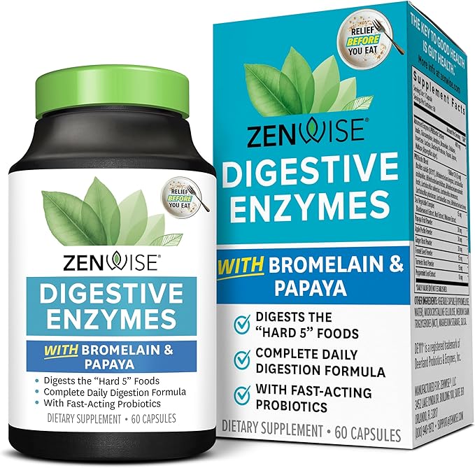 Zenwise Health Digestive Enzymes with Bromelain & Papaya - Multi Enzymes Digestion Supplement with Probiotics & Prebiotics for Gut Health, Gas & Bloating Relief - Men & Women - 60 Vegetarian Capsules
