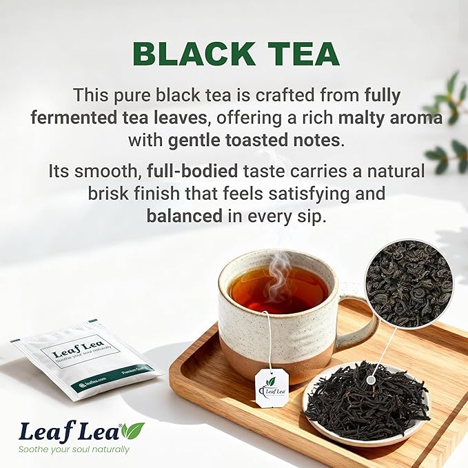 LeafLea 80 Black Tea Bags, Premium Black Tea Leaves, Rich Bright and Firmly Astringent, Promotes Digestive Comfort & Steady Alertness, Caffeinated, Sugar-Free, Vegan, Enjoy Hot or Iced