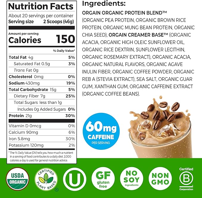 Orgain Organic Vegan Protein Powder, Iced Coffee - 21g Plant Protein, 60mg of Caffeine, Low Net Carb, No Lactose Ingredients, No Added Sugar, Non-GMO, For Shakes & Smoothies, 2.03 lb