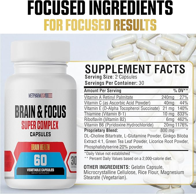 Brain & Focus Nootropic Super Complex Supplement for Brain Support and Performance, Improved Focus Memory and Mental Performance