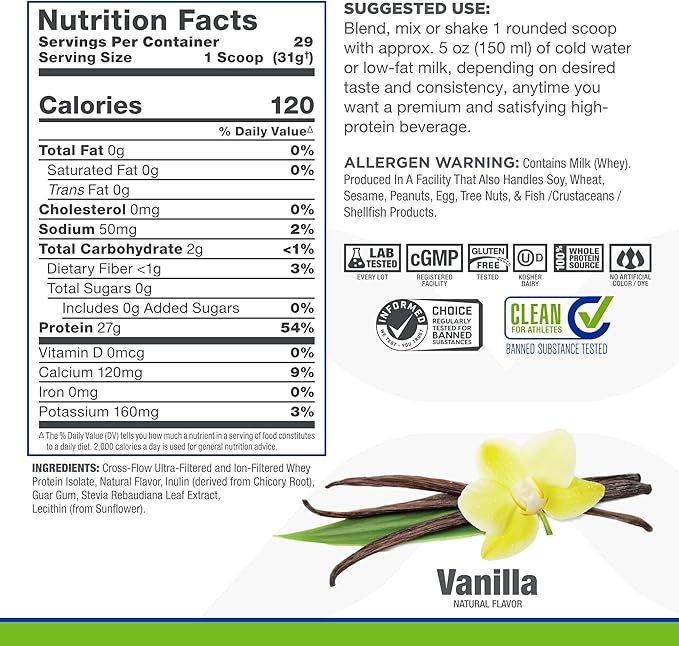 ALLMAX ISONATURAL Whey Protein Isolate, Vanilla - 2 lb - 27 Grams of Protein Per Scoop - Zero Fat & Sugar - 99% Lactose Free - with Prebiotics - No Artificial Flavors - Approx. 29 Servings