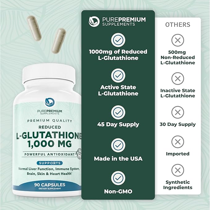 PurePremium Reduced Glutathione 1000mg Per Serving - 500mg Per Capsule – L-Glutathione Supplement & Antioxidant Support for Normal Liver, Brain, Skin & Heart Health – 90 Capsules (Pack of 2)