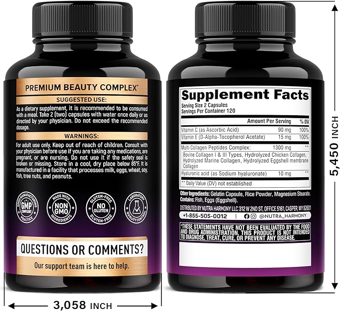 Multi Collagen Peptides - Hydrolyzed Types I, II, III, V & X - Collagen Supplement for Women 1300mg - w/ Hyaluronic Acid, Vitamins C & E - Skin, Hair, Nails & Joint Support - Made in USA, 240 Capsules