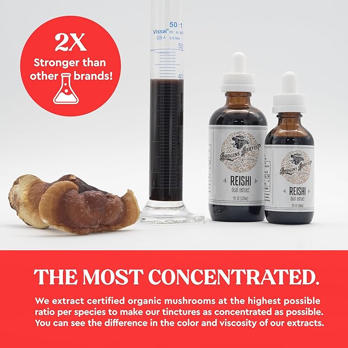 Hodgins Harvest Organic Reishi Mushroom Fruiting Body Extract Tincture - Extra Concentrated Dual Extract Supplement - Supports Heart Health & Wellness - USDA Organic Mushrooms - 4 oz