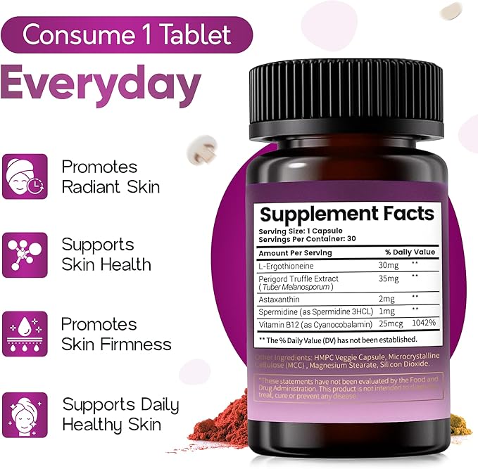 Losoki Ergothioneine Supplement – Ergo+ 2040 mg – with Spermidine, Astaxanthin & Black Truffle – Supports Firm, Hydrated Skin & Hair & Nails – Anti Aging Supplement- 30 Capsules