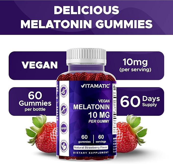 Vitamatic Melatonin 10 mg Vegetarian Gummies – Non-Habit Forming – 60 Gummies per Bottle – 4-Pack (Total 120 Vegan Gummies)