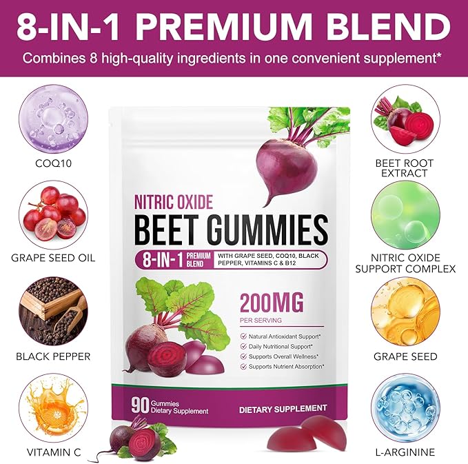 Beet Root Gummies 200mg - 8-in-1 Heart & Circulation Support Supplement - High Potency Beet Chews with Beetroot, Grape Seed, CoQ10, Vitamin C & B12 - Mixed Berry Flavor, Vegan, 90 Count