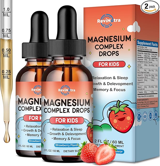 Magnesium for Kids, Kids Magnesium Glycinate Liquid Drops with Calcium, Zinc, L-Theanine, Vitamin D3 K2, C for Sleep, Relaxation, Calm, Focus, Brain,Mood, Bones & Muscles - Strawberry Flavor 2 Pack