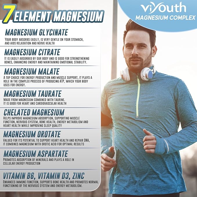 Magnesium 7 Complex Supplement Advanced with 7 Forms of Magnesium (Glycinate, Malate, Chelate, Aspartate, Orotate, Taurine, Citrate), Zinc, Vitamin D3 & Vitamin B6 for Sleep & Muscle, 60 Capsules