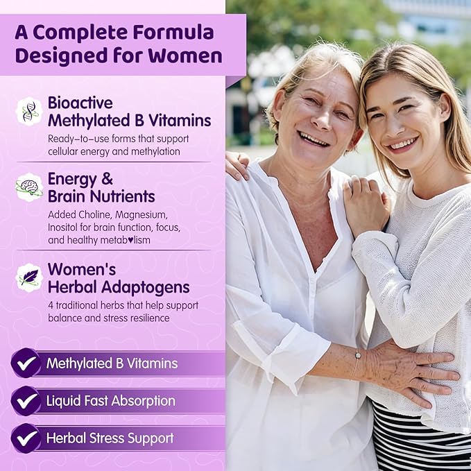 duwhot Women Methylated B-Complex Liquid Drops, Active B Vitamins B1 B2 B6 B9 (5-MTHF) & B12 1000 mcg, Vitamin C, Magnesium, Inositol, Choline & Herbal Blend for Energy, Stress Support, 2 Fl Oz