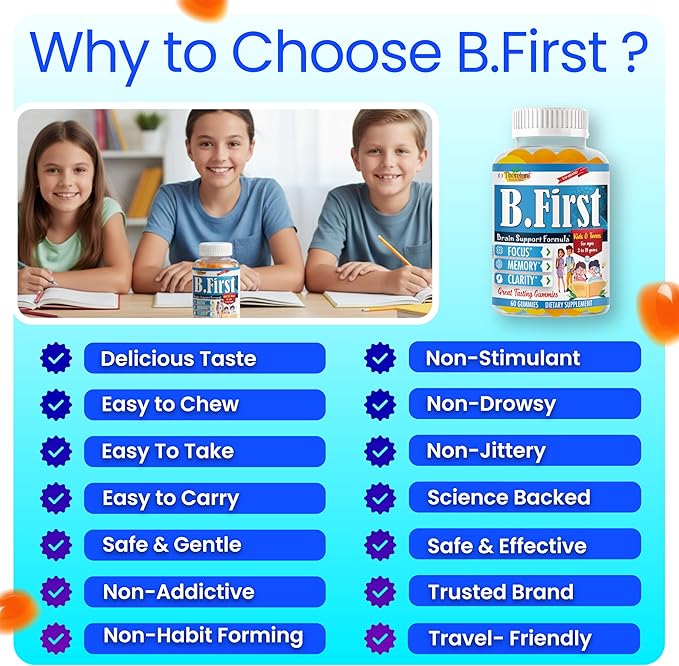 B.First Focus Gummies for Kids & Teens | Kids Focus and Attention Supplements with Omega 3 DHA – Memory Vitamins for Concentration, Mental Clarity & Cognitive Support-60ct