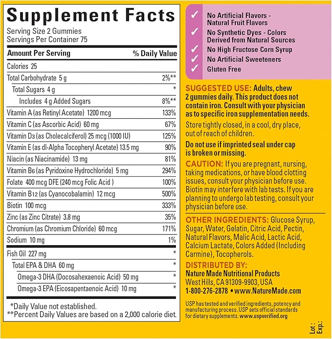 Nature Made Womens Gummy Multivitamins with Omega-3, Multivitamin for Women for Daily Nutritional Support, 150 Gummies, 75 Day Supply, (Pack of 2)