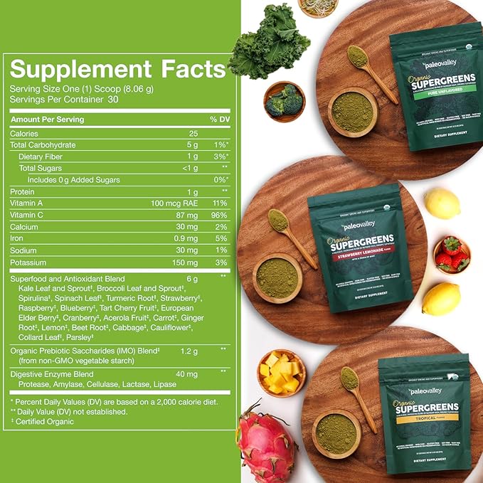 Paleovalley Organic Supergreens Powder - 23 Superfoods with Prebiotic Fiber for Energy and Immunity Support - No Cereal Grasses for Maximum Absorption - Pure Unflavored, 30 Servings
