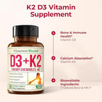 Vitamin D3 K2 Supplement – All-in-1 Support for Immune, Bone & Heart Health – Vitamin D + Vitamin K (as MK7) – K2 D3 2000IU Vitamin Supplement, 90 Natural Cherry-Flavored Chewables