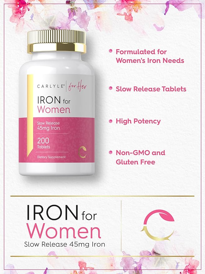 Carlyle Iron Supplement for Women | 200 Slow Release Tablets | Vegetarian, Non-GMO, Gluten Free Pills | for Her