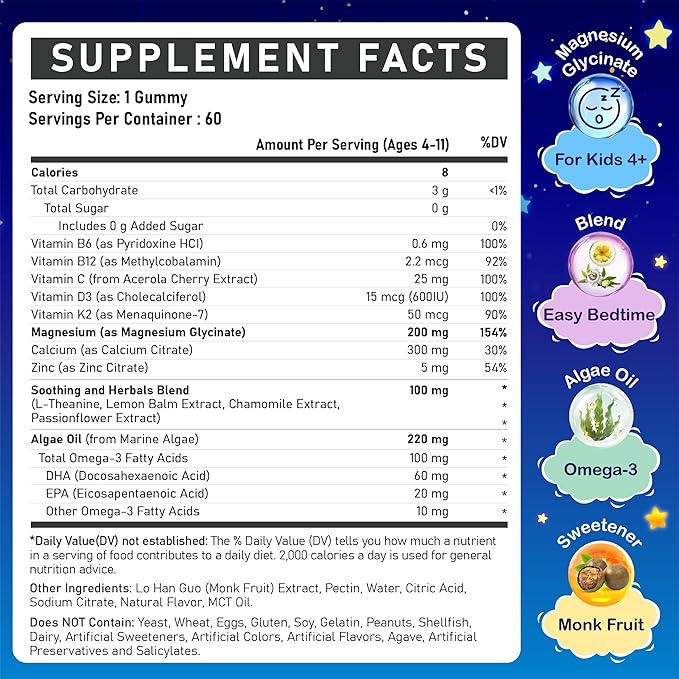 Kids Magnesium Glycinate Gummies - Magnesium Glycinate Supplement 200mg with L-theanine Omega-3 Calcium Vitamin D3 & B12 for Kids Natural Zzz at Bedtime & Overall Health - Sugar Free & Non-GMO