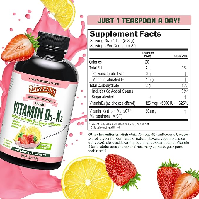 Barlean's Pack of 2 Vitamin D3+K2 Liquid Supplement for Kids and Adults, 5000 IU Vitamin D, Pink Lemonade, Non-GMO, Gluten and Dairy Free, 5.6 oz Each