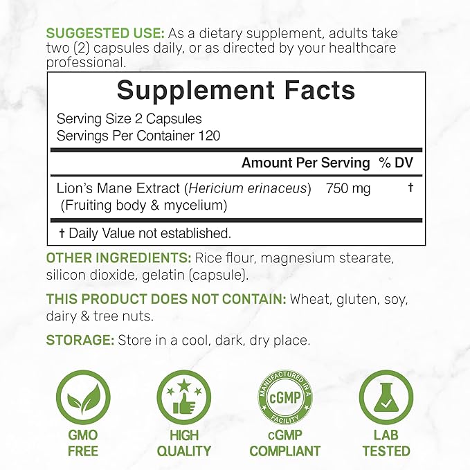 Lions Mane Mushroom Supplement, 240* Capsules – Active Fruiting Body & Mycelium Extract – Natural Brain Nootropic & Immune System Booster – Non-GMO