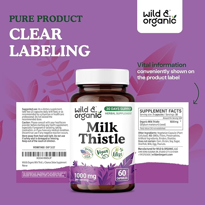 Wild & Organic Milk Thistle Capsules 1000mg - Liver Support Supplement - Silymarin Milk Thistle Powder for Liver Cleanse - 60 Vegan Capsules - 1-Month Supply - No Fillers, Non-GMO