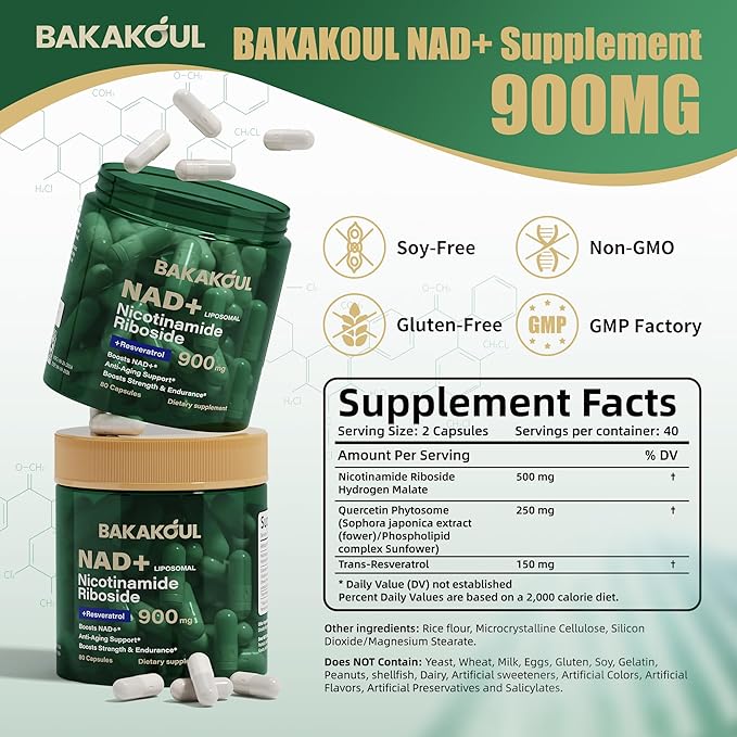 BAKAKOUL NAD Supplement - Liposomal Nicotinamide Riboside, Resveratrol, Quercetin, NAD Nicotinamide Riboside Resveratrol 900mg, NAD+ Supplement for Men and Women, 80 Capsules 1 Pack