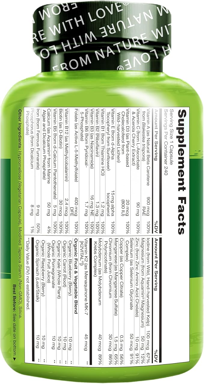 NATURELO One Daily Multivitamin for Women w/Vitamin B12, 240 Ct, Energy Support, Whole Food Daily Women Multivitamin Supplement, Nourish Hair/Skin/Nail, Non-GMO, No Soy, Gluten Free, 8 Month Supply