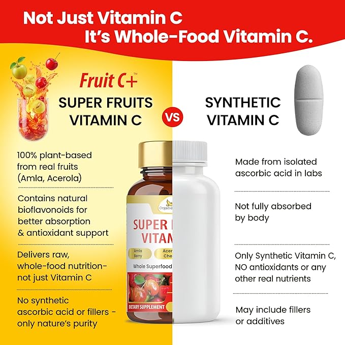 Organic Veda Fruit C+ Vitamin C Complex - 1250mg Organic Whole Food Vitamin C Supplement with Citrus Bioflavonoids, Acerola & Amla - Daily Antioxidants, Immunity, Collagen Boost - 120 Vegan Capsules