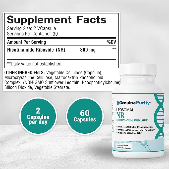 Liposomal NR 300mg Nicotinamide Riboside Supplement - 60 Capsules for Cellular Energy and Mitochondrial Function - Gluten Free, Vegan, Made in USA, Non-GMO