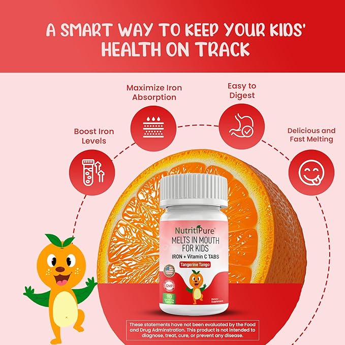 Chewable Iron Supplements for Kids (Ferronyl®/Carbonyl Iron 9 mg with Vitamin C 30 mg) Tablet in Tangerine Tango Orange Flavor Kids Supplement 90 Count (2 Bottles)