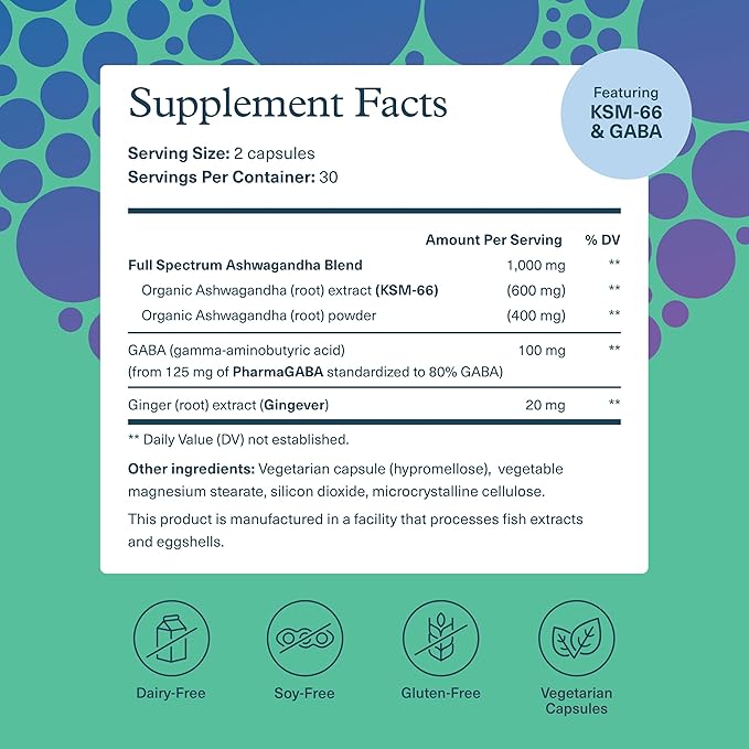 Youtheory Ashwagandha + GABA - Adaptogenic Blend with Organic KSM-66 & Ginger - Aids Stress Relief & Mood* - Supports Energy Levels* - 60 Vegetarian Capsules (30-Day Supply)*