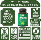 Vitamin B Complex Capsules + Whole Food Blend of 25 Vegetables and Fruits for Max Absorption. Best Vegan B-Complex Supplement with Vitamin B1, B2, B3, B5, B6, B7, B9 and B12. 90 Capsules. Energy Boost