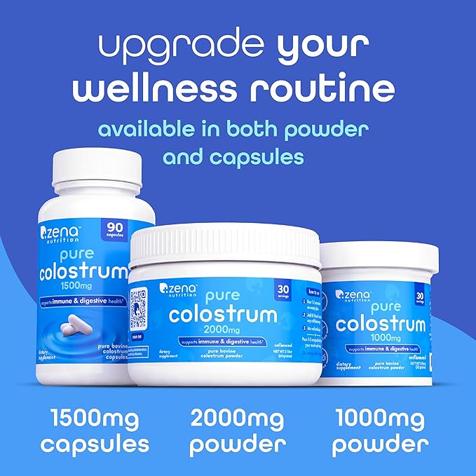 Zena Nutrition Pure Colostrum Capsules, 1500mg Supplement, Grass Fed Bovine Colostrum, Supports Immune and Digestive Health, Promotes Gut Health, Gluten Free, Fat Free, 1 Month Supply, 90 Capsules