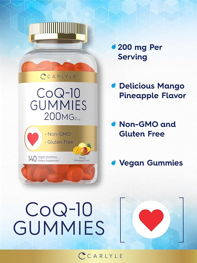 Carlyle CoQ10 200 mg Gummies | 140 Count | Mango Pineapple Flavor | Vegan, Non-GMO, Gluten Free Supplement