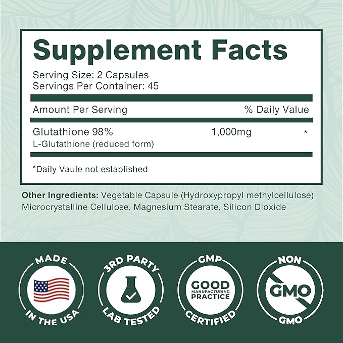 PurePremium Reduced Glutathione 1000mg Per Serving - 500mg Per Capsule – L-Glutathione Supplement & Antioxidant Support for Normal Liver, Brain, Skin & Heart Health – 90 Capsules (Pack of 2)