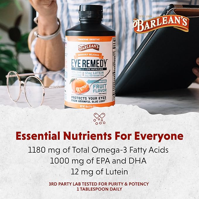 Barlean's Eye Remedy Supplement, Tangerine Flavored Fish Oil Liquid with Lutein, Astaxanthin and Zeaxanthin,1,000mg Omega 3 EPA DHA, Eye Care Supplements, 16 oz