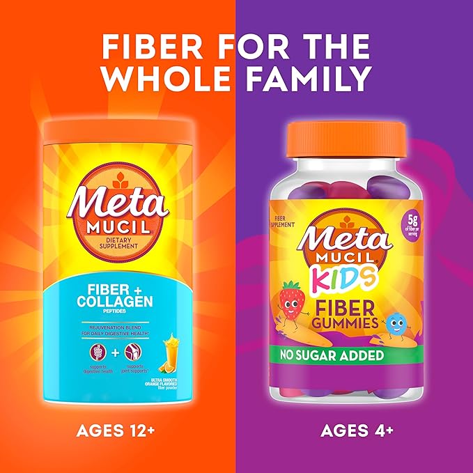 Metamucil Daily Fiber + Collagen,Psyllium Husk Powder,Plant Based Fiber Supplement,Sugar-Free with Stevia,3-in-1-Fiber Supplement for Digestive Health,Orange Flavored,90 Doses,(Pack of 2)