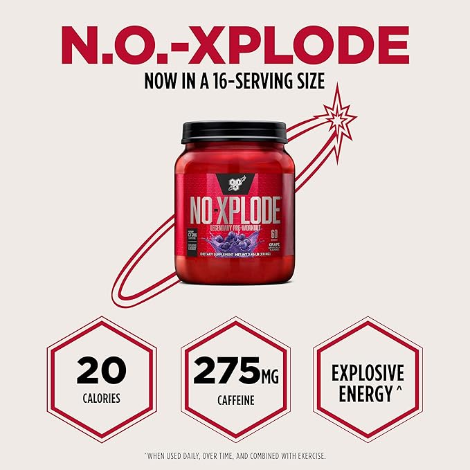 BSN N.O.-XPLODE Pre Workout Powder, Energy Supplement for Men and Women with Creatine and Beta-Alanine, Grape, 60 Servings, 2.45 Pound (Packaging May Vary)