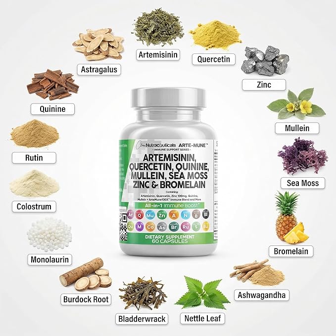 Clean Nutraceuticals Artemisinin Quercetin Zinc Mullein Quinine Supplement with Sea Moss Bromelain Ashwagandha Root Nettle Leaf Bladderwrack Burdock Root Monolaurin Colostrum Rutin