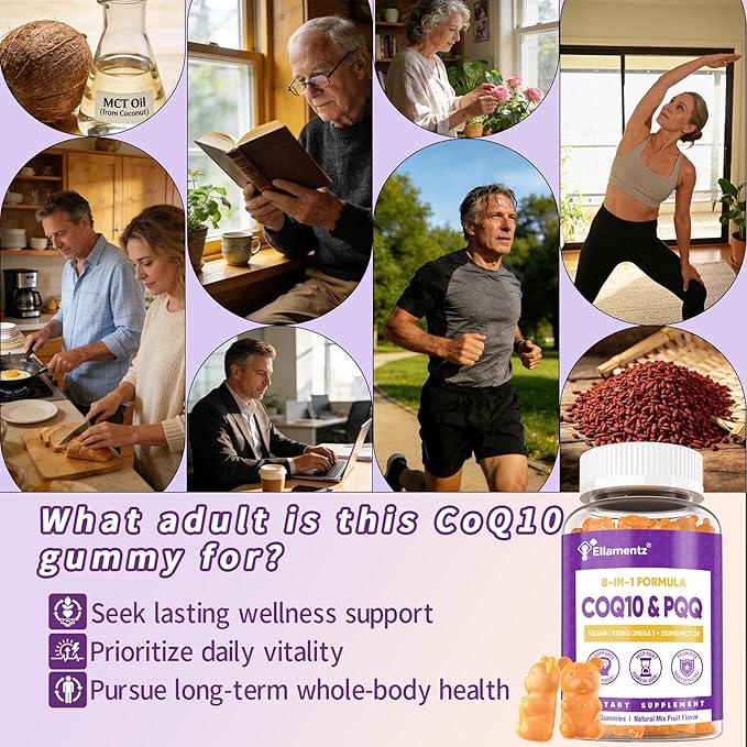 CoQ10 Gummies 200mg with PQQ, Red Yeast Rice & Omega 3 | High Absorption Coenzyme Q10 Supplements for Hear-t Health, Brain & Cellular Energy | Sugar-Free, Vegan, 120 Counts