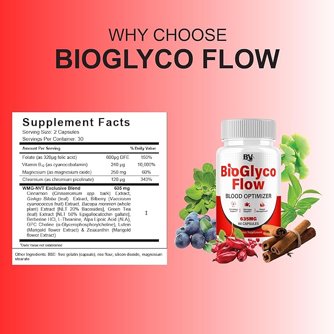 BioGlyco Flow Advanced Daily Multivitamin Health Support and All Natural Wellness Supplement Formula, BioGlyco Flow Premium Health and Wellness Support Formula Supplement (1 Pack - 60 Capsules)