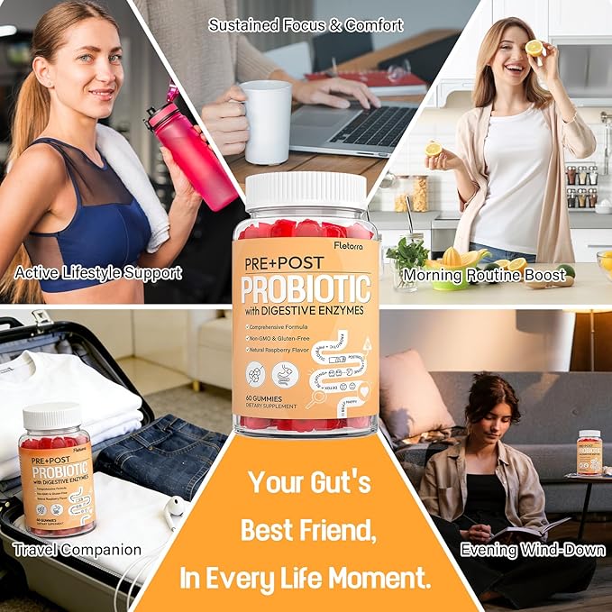 Probiotic Gummies, 4-in-1 Pre and Post Probiotics for Women & Men, with 16 Digestive Enzymes for Gut Health, Digestion, Immunity, 0 Sugar, Prebiotics and Probiotics, 60 Gummies