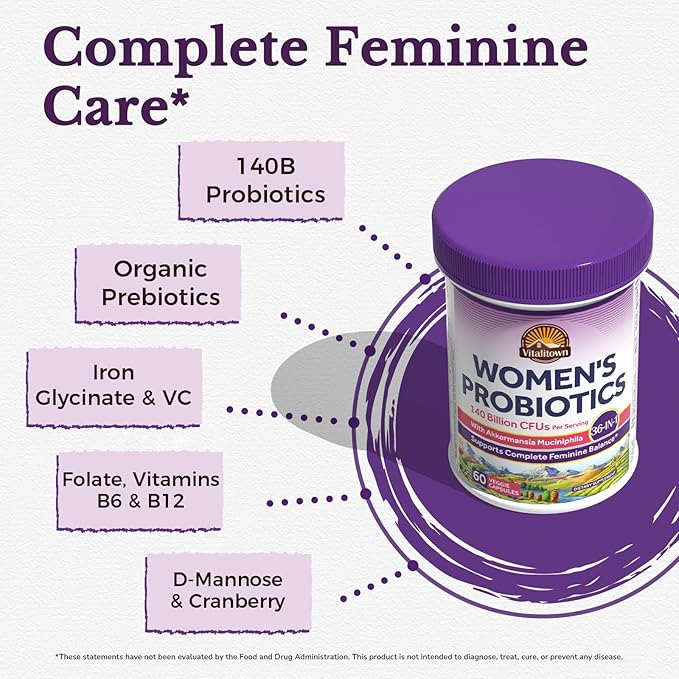 Vitalitown Probiotics for Women, 140 Billion CFU 20 Strains, Akkermansia Probiotic with Iron, Vitamin C B6 & B12, Digestive Enzymes, Cranberry, D-Mannose, Vaginal Probiotics & Prebiotics, 60 Capsules